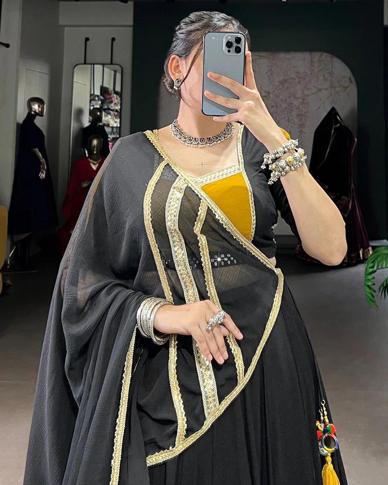 Womenline Black and Mustard Navratri Flared Navratri Lehenga Choli Set