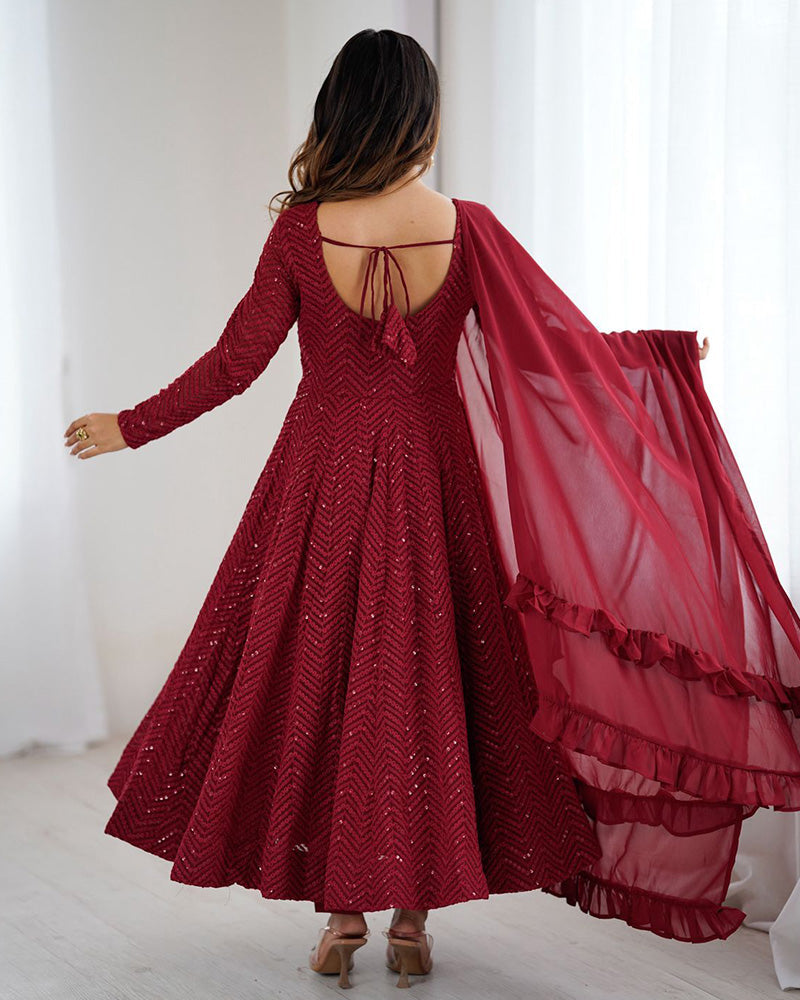 Womenline Maroon Color Georgette Lucknowi Three Piece Anarkali Suit