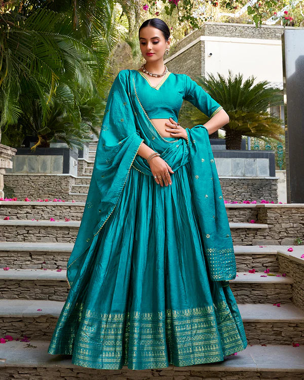 Womenline Sky Blue Color Pure Chanderi Plain Navratri Half Saree