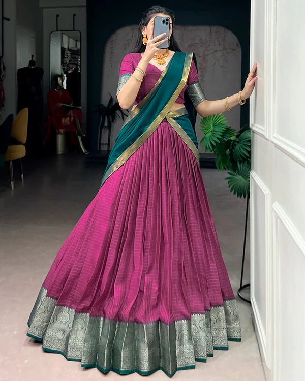 Womenline Pink Color Dola Chex Zari Weaving Half Saree