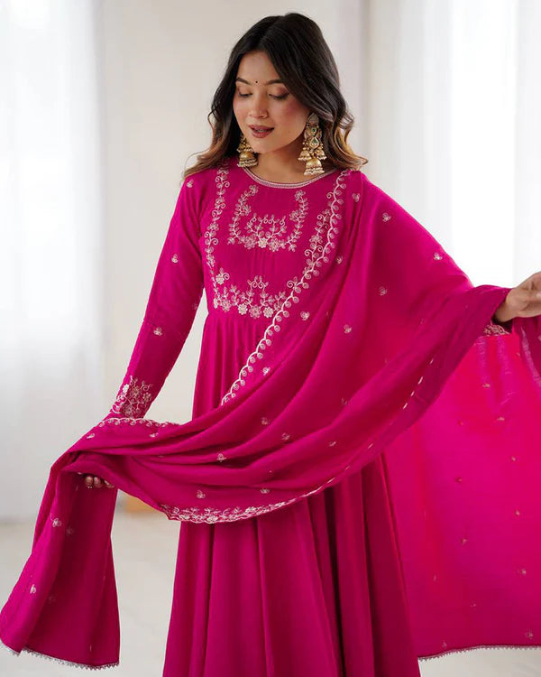 Womenline Rani Pink Color Chanderi Silk Three Piece Anarkali Suit