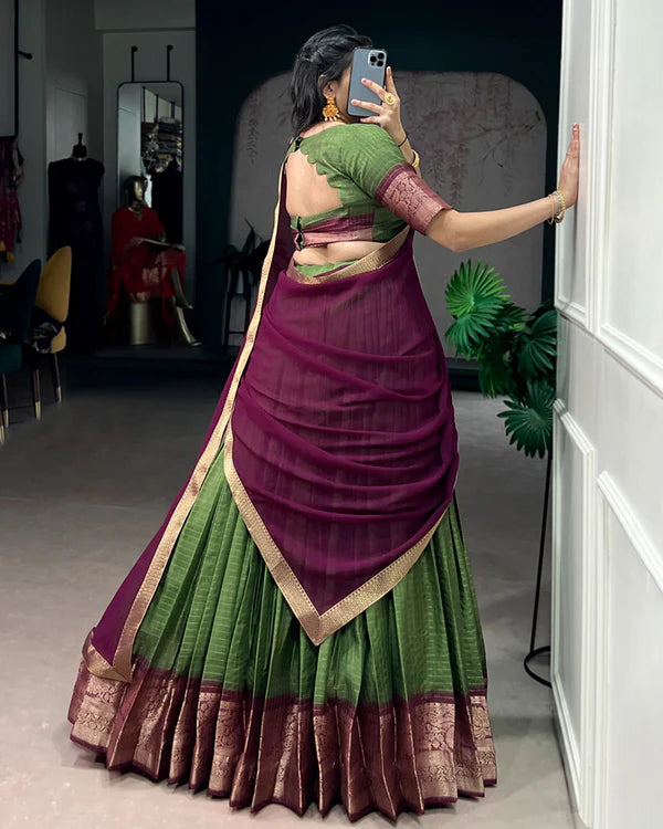 Womenline Mehndi Color Dola Chex Zari Weaving Half Saree