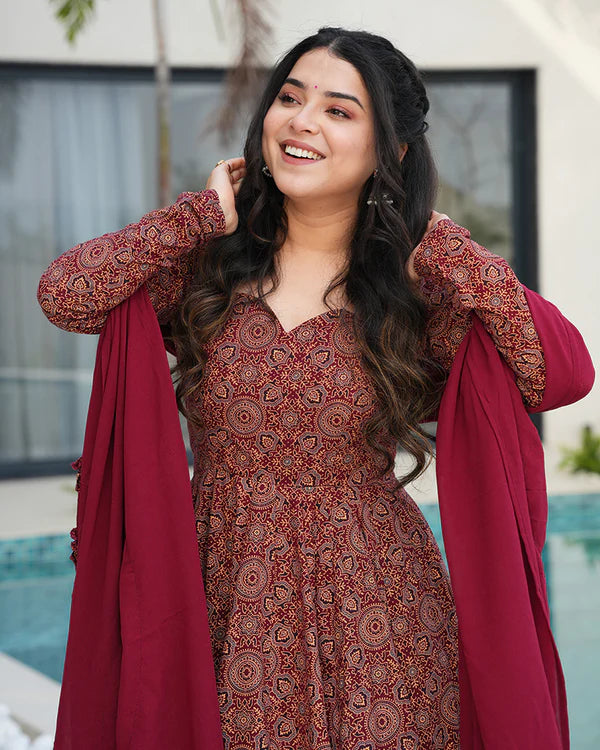 Womenline Traditional Ajrakh Print Maroon Cotton Anarkali Suit