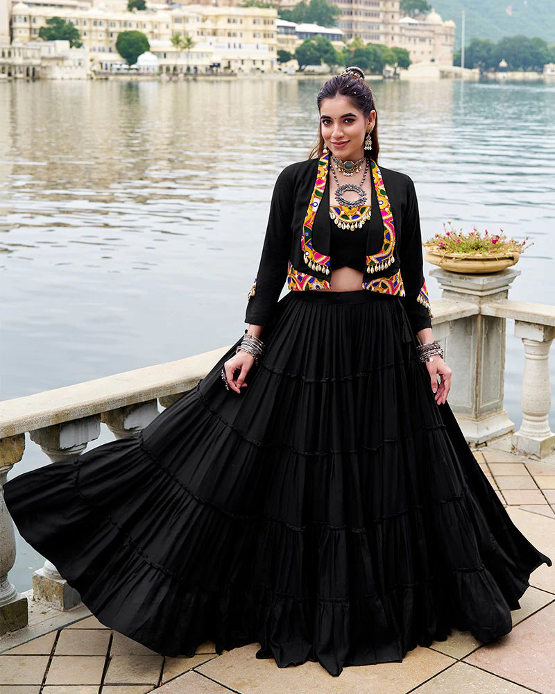 Womenline Elegant Black Color Pure Rayon Navratri Lehenga Choli