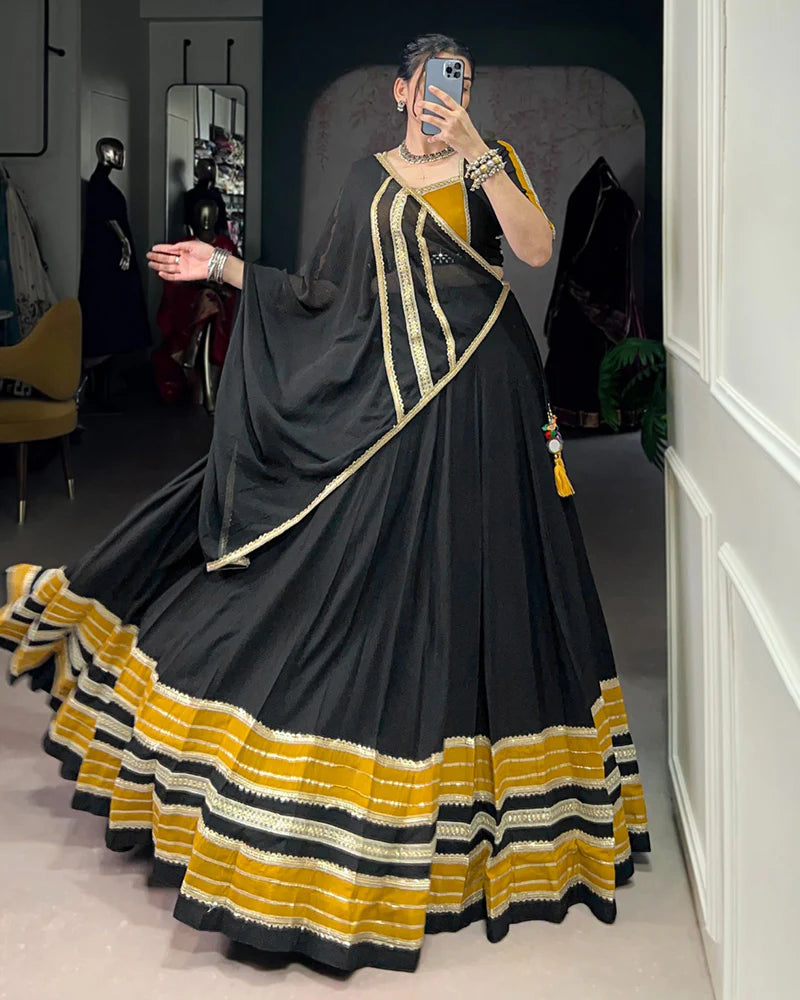 Womenline Black and Mustard Navratri Flared Navratri Lehenga Choli Set