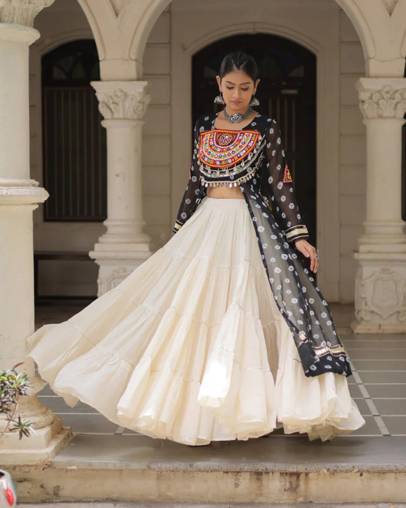 Womenline Black Color Bandhani Print Kurti With Kora Cotton Lehenga