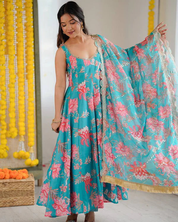Womenline Sky Blue Color Pure Muslin Cotton Three Piece Anarkali Suit