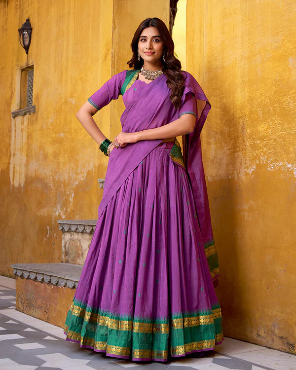 Womenline Elegant Purple Chanderi cotton half saree lehenga choli