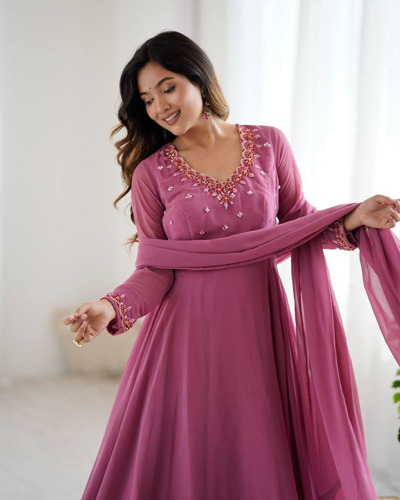 Womenline Dusty Onion Color Georgette Three Piece Anarkali Suit