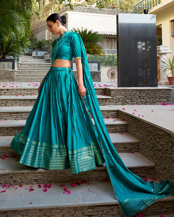 Womenline Sky Blue Color Pure Chanderi Plain Navratri Half Saree