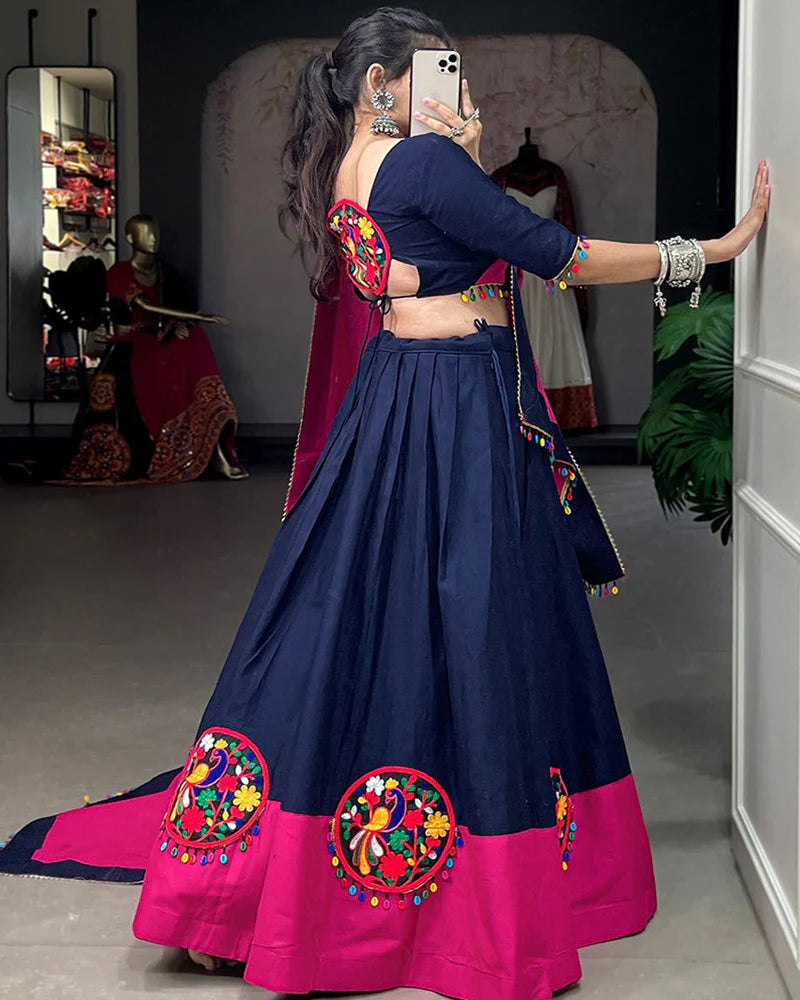Womenline Navy Blue Color Pure Cotton Gamthi Work Navratri Lehenga Choli
