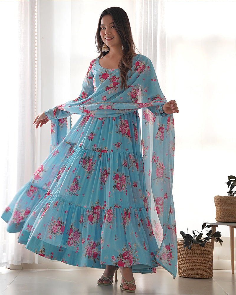 Womenline Sky Blue Color Georgette Three Layer Ruffle Style Anarkali Suit