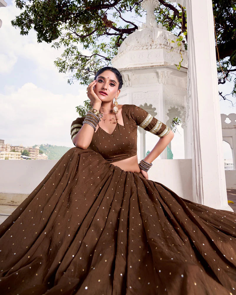 Womenline Classic Brown Color Pure Chanderi Navratri Lehenga Choli