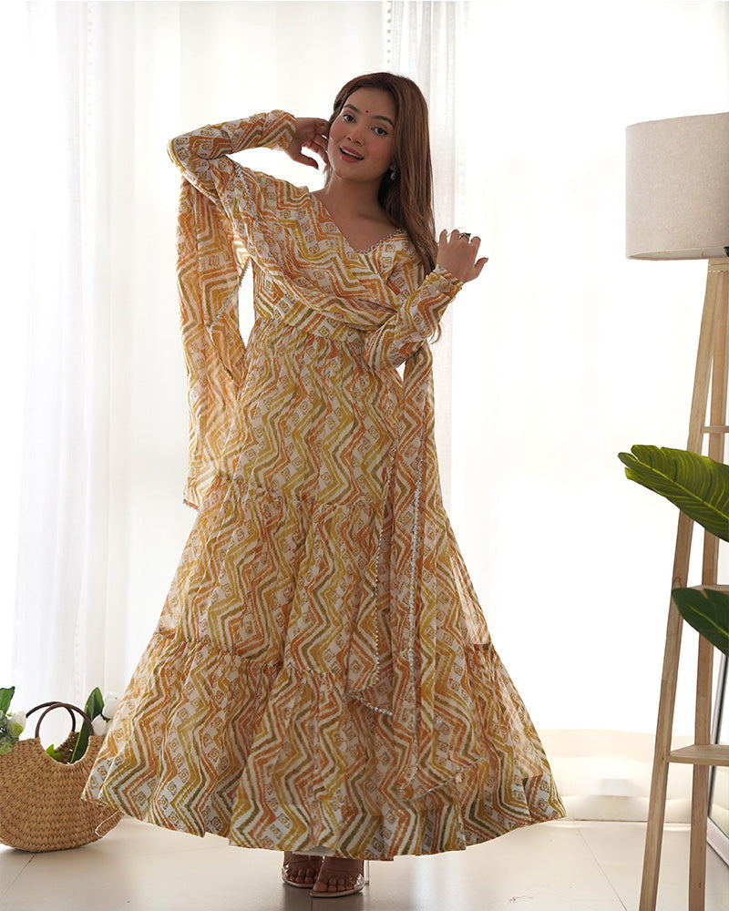 Womenline Off-White Color Soft Georgette Three Layer Ruffle Style Anarkali Suit