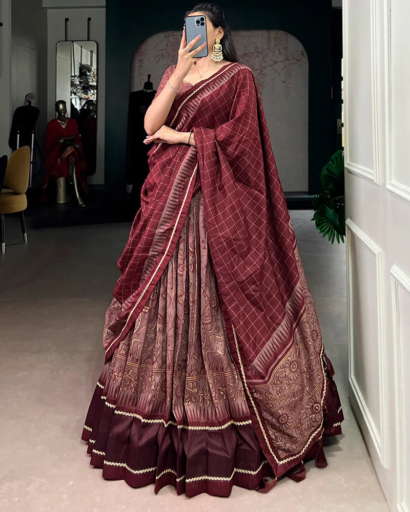 Womenline Maroon Color Tasar Silk Kalamkari Printed Lehenga Choli