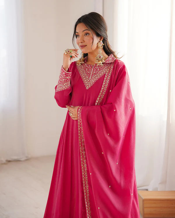 Womenline Rani Pink Color Pure Shimmer Silk Anarkali Suit