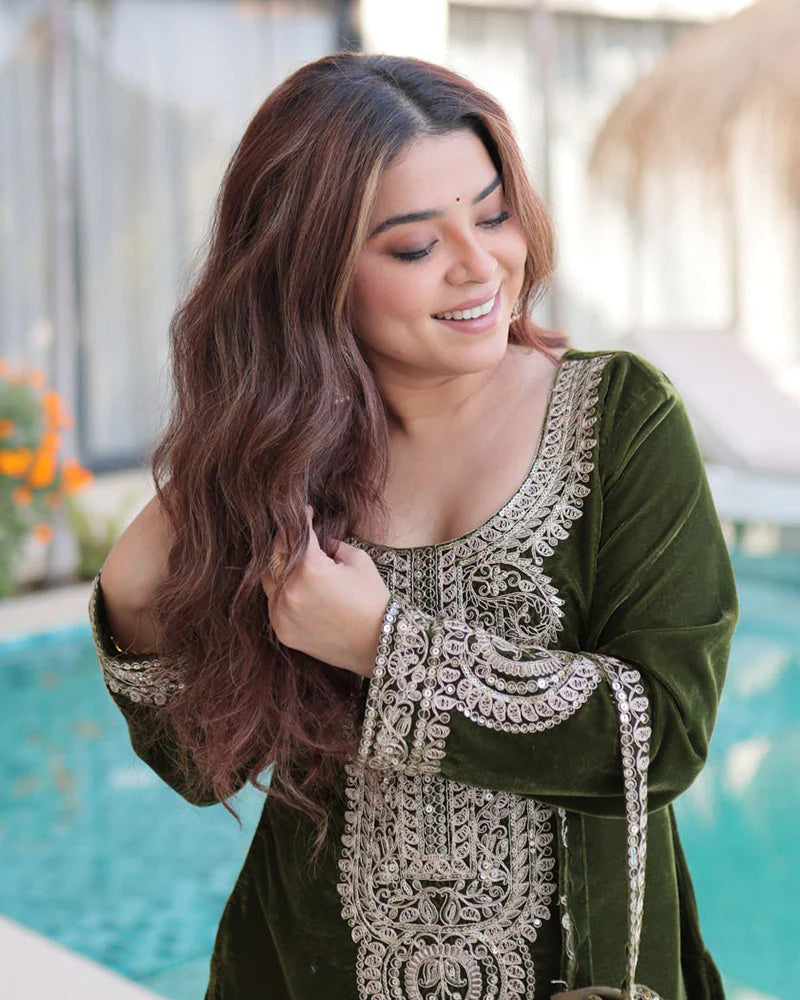 Womenline Mehndi Color Velvet Embroidered Kurti Suit