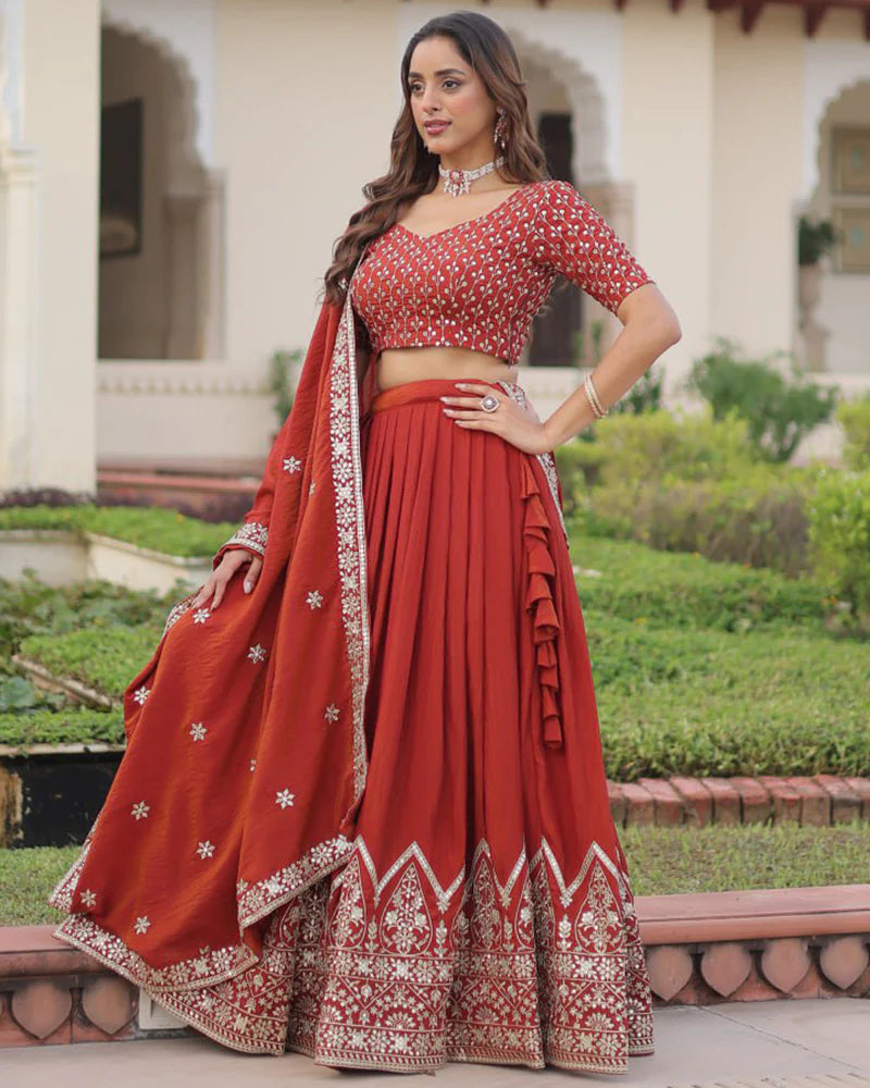 Womenline Rust Orange Color Vichitra Silk Embroidered Lehenga Choli