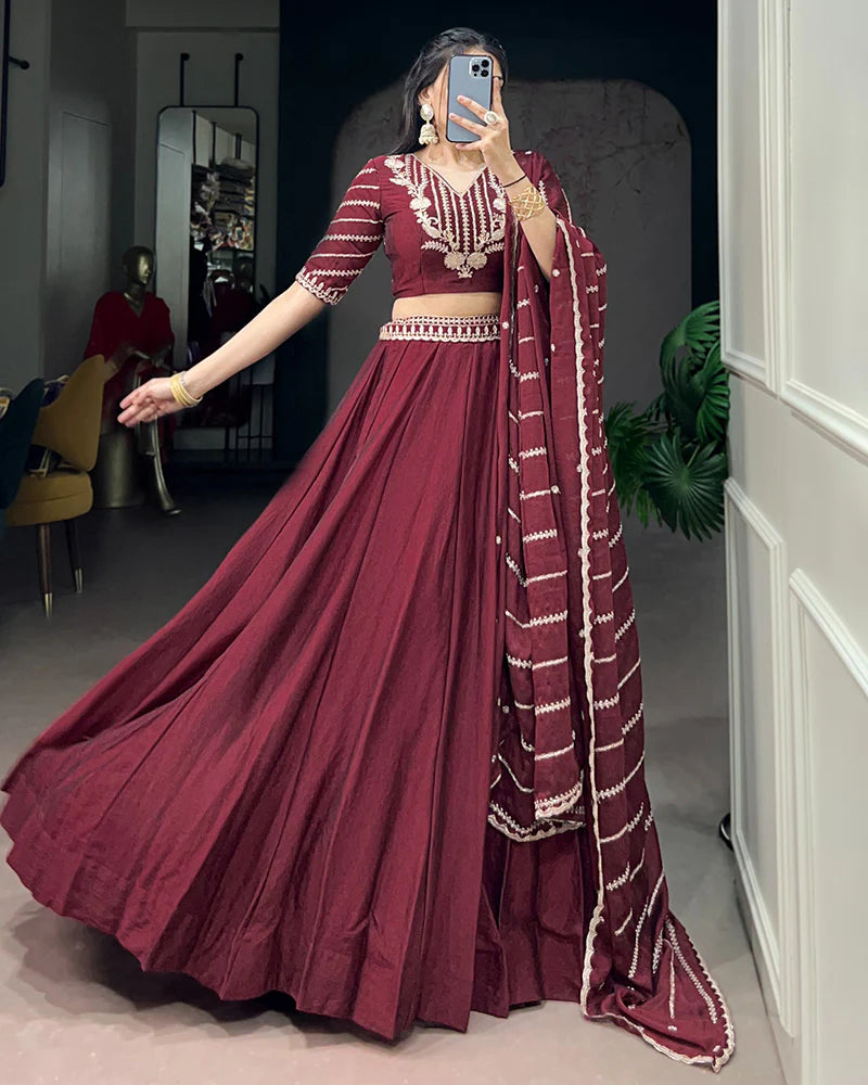 Womenline Maroon Color Rangoli Crush Embroidered Lehenga Choli