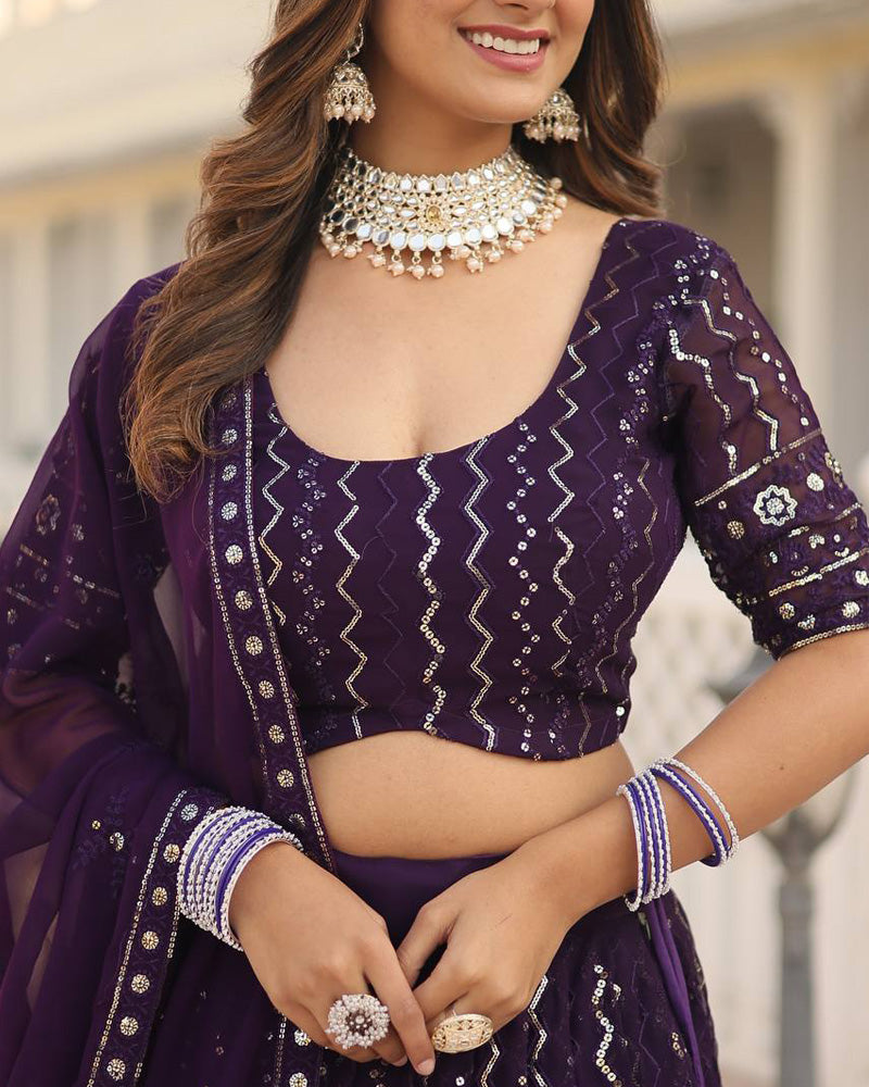 Womenline Wine Color Blooming Soft Georgette Heavy Embroidery Threaded Semi Stitched Lehenga Choli