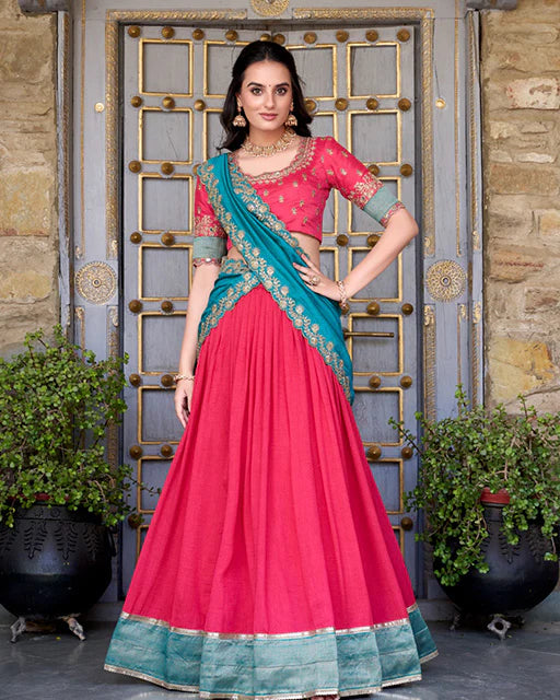 Womenline Pink Color Vichitra Silk Sequins Half Saree