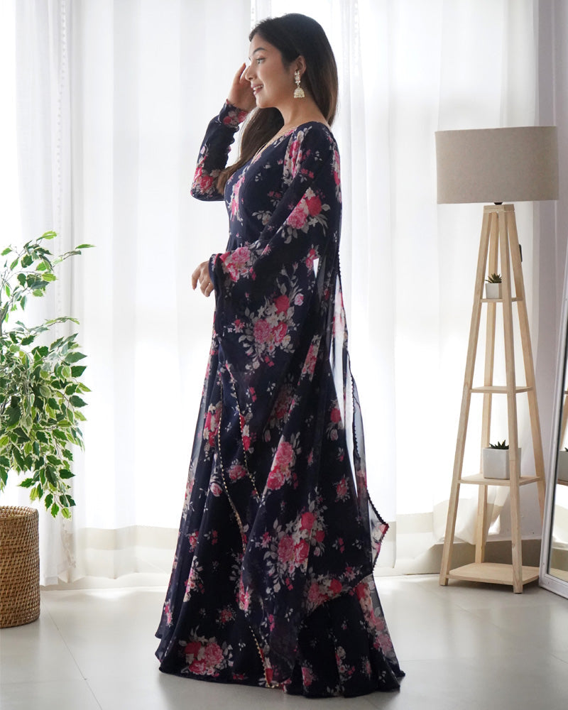 Womenline Floral Navy Blue Color Pure Soft Georgette Anarkali Suit