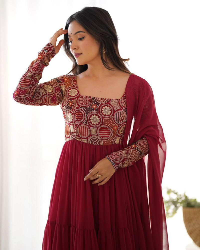 Womenline Maroon Color Soft Georgette Embroidered Anarkali Suit