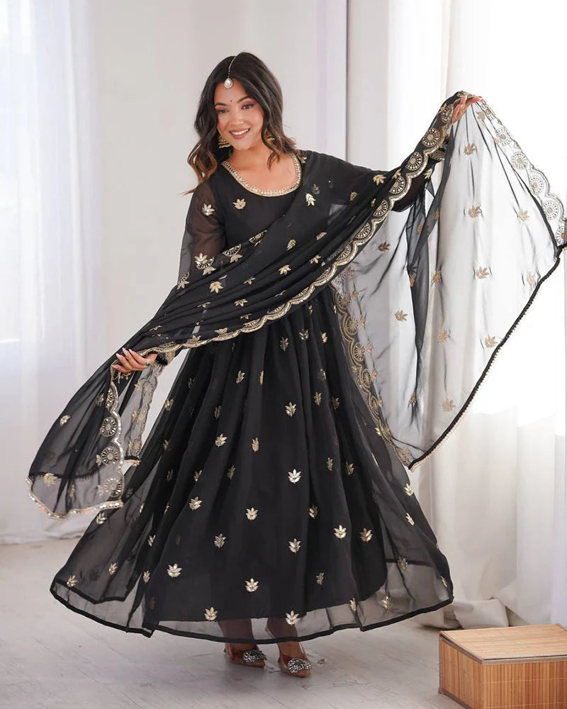 Womenline Black Color Georgette Sequence Embroidered Anarkali Suit