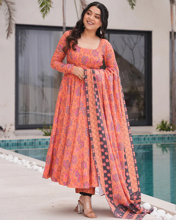 Womenline Orange Color Printed Soft Cotton Three Piece Anarkali Suit