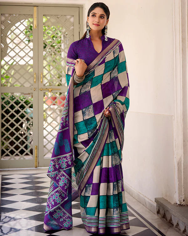 Womenline Purple Color Polyester Chanderi Printed Saree