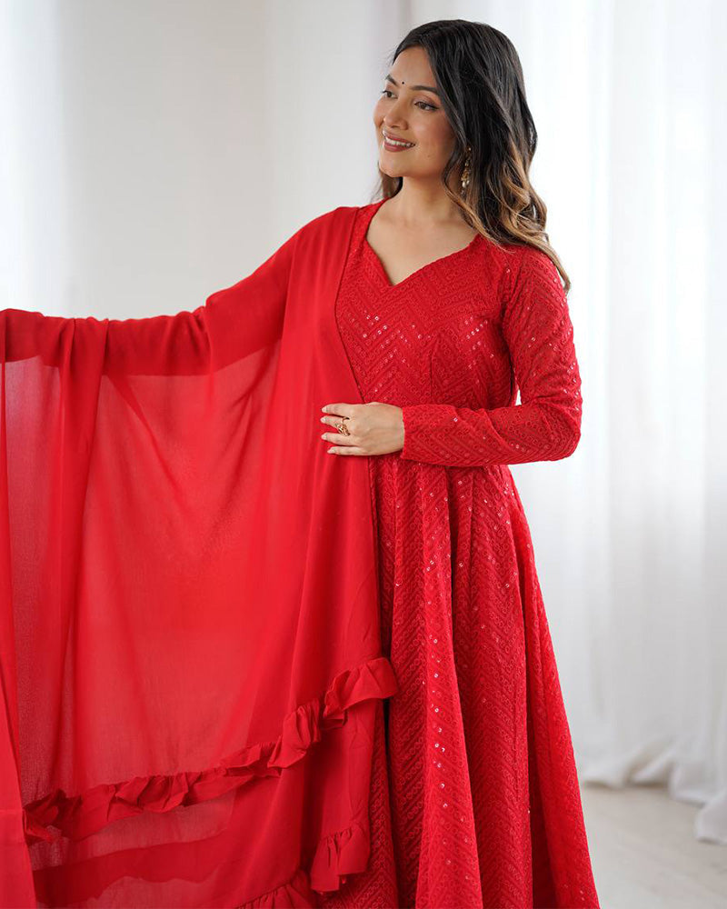 Womenline Designer Red Color Georgette Lucknowi Three Piece Anarkali Suit