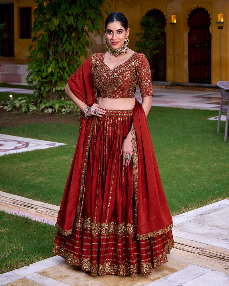 Womenline Rust Orange Color Rangoli Crush Embroidered Lehenga Choli