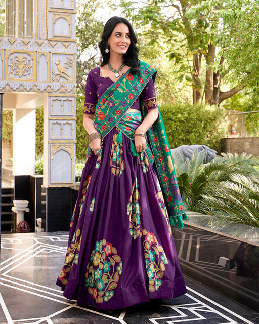 Womenline Purple Color Tussar Silk Printed With Foil Work Lehenga Choli