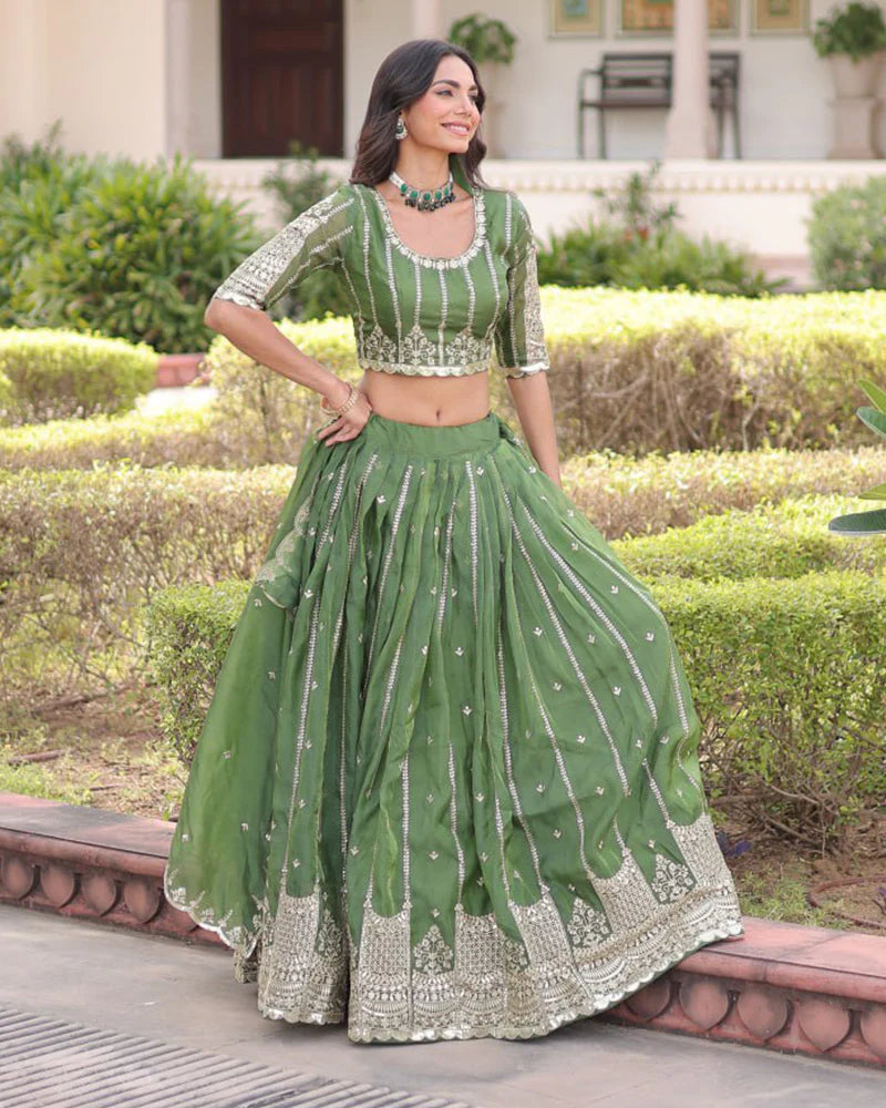 Womenline Mehndi Green Color Gold Crush Embroidered Lehenga Choli