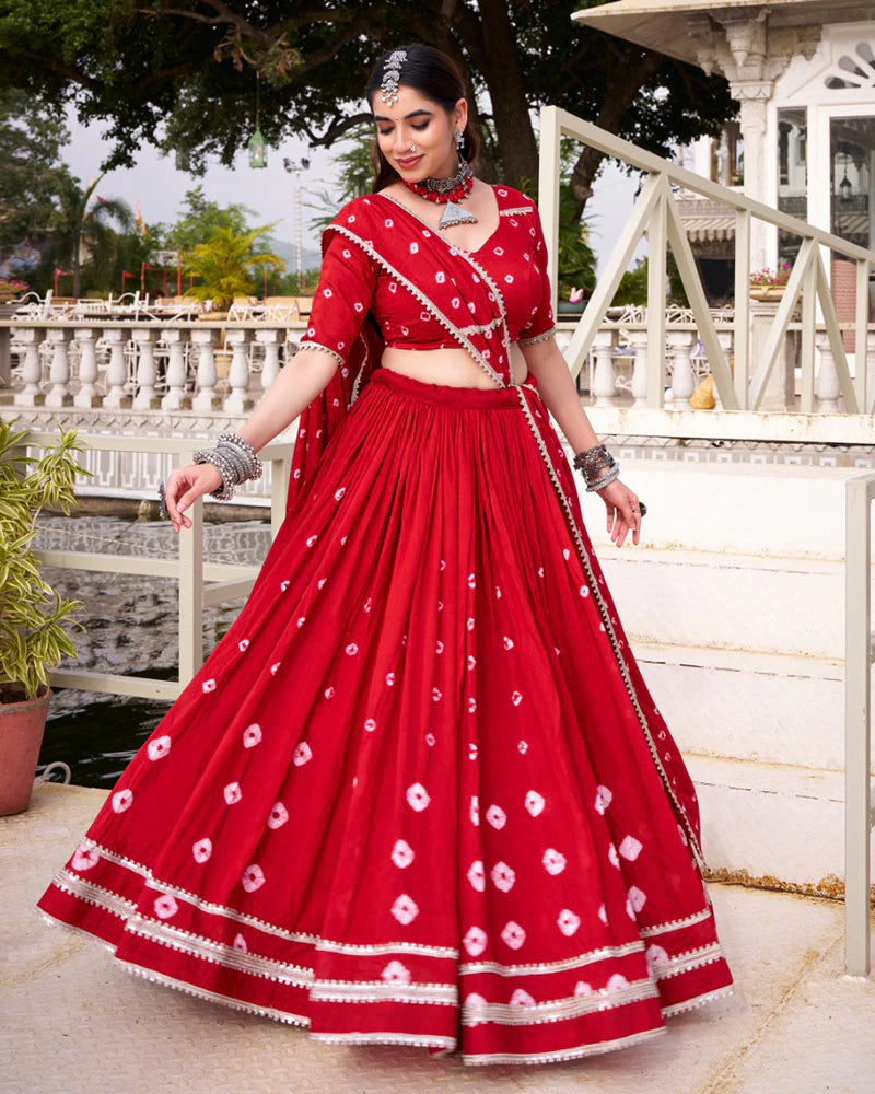Womenline Red Color Pure Chanderi Plain Navratri Lehenga choli