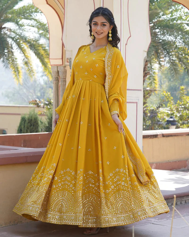 Womenline Yellow Color Full Flair Anarkali Gown With Embroidered Dupatta