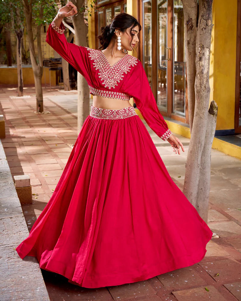 Womenline Rani Pink Color Vichitra Silk Embroidered Lehenga Choli