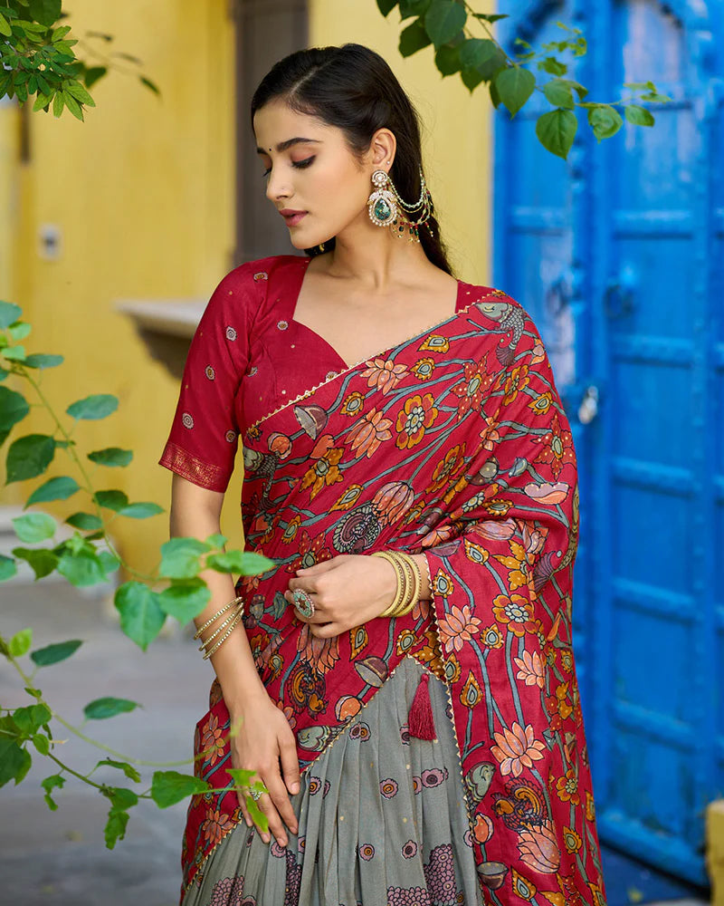 Womenline Grey Color Tussar Silk Kalamkari Printed Lehenga Choli