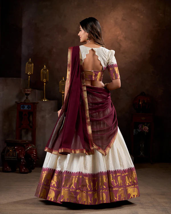Womenline White And Maroon Color Poly Cotton Chex Onam Half Saree