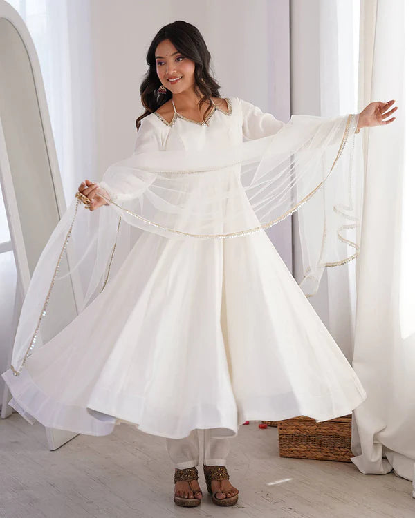 Womenline White Color Chanderi Roman Silk Three Piece Anarkali Suit