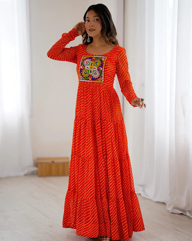 Womenline Orange Color Georgette Laheriya Print Navratri Gown