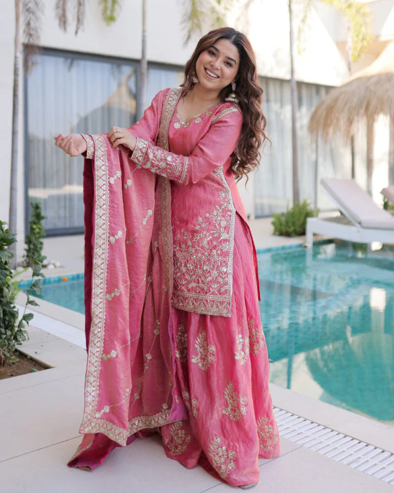 Womenline Peach Color Fendi Crush Embroidered Plazzo Suit