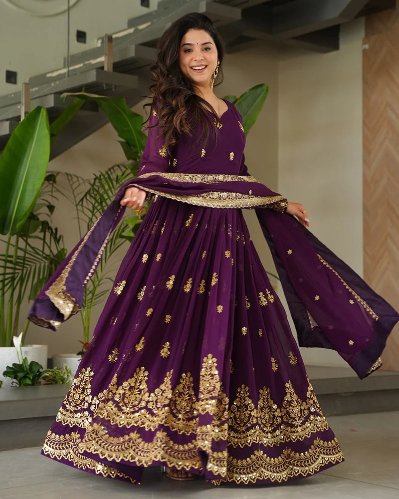 Womenline Purple Color Designer Blooming Embroidered Gown