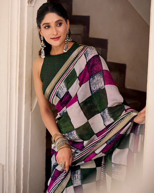 Womenline Green Color Polyester Chanderi Printed Saree