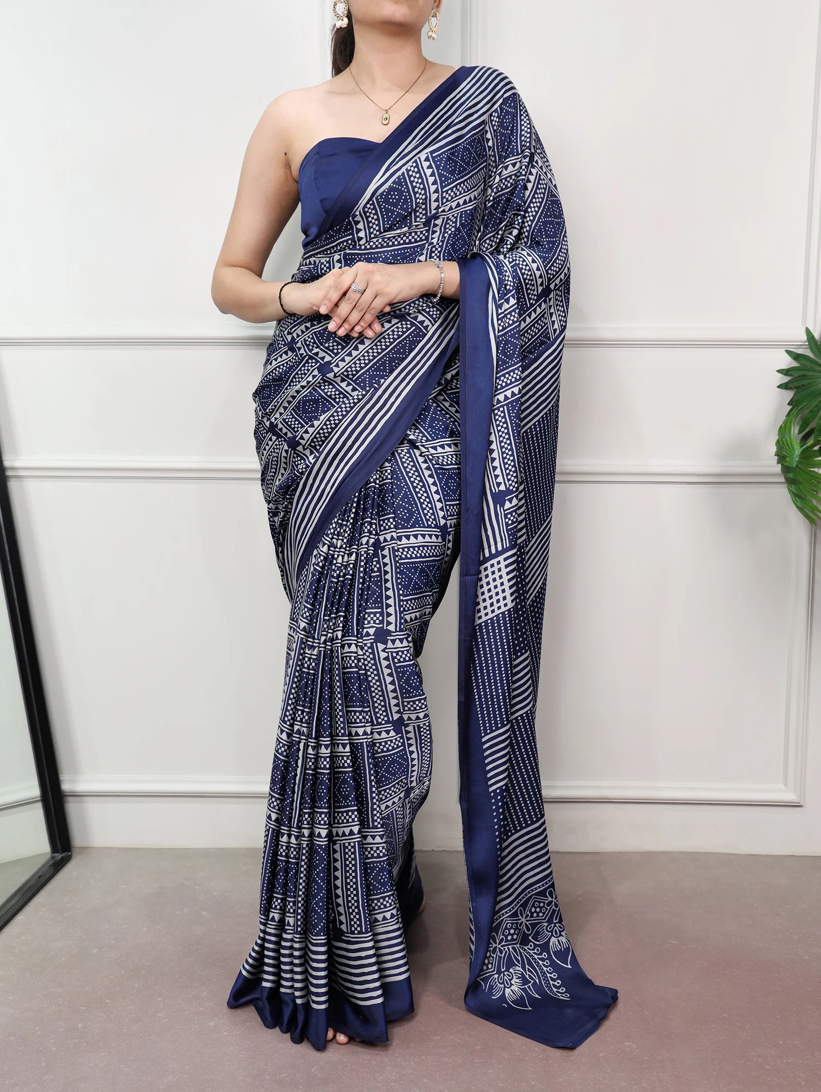 Womenline Navy Blue Color Satin Silk Saree