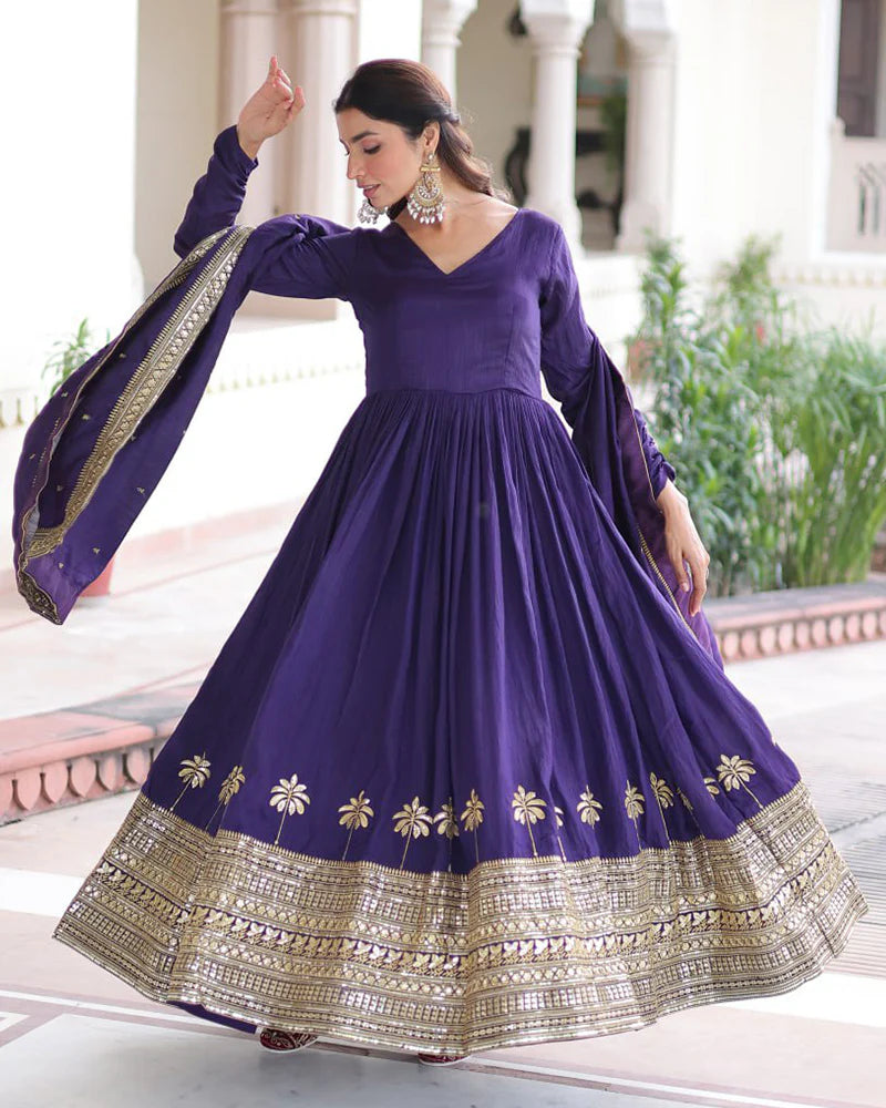 Womenline Royal Violet Color Vichitra Silk Sequence Embroidered Gown