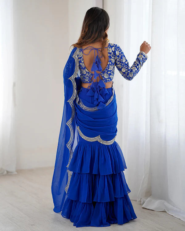 Womenline Blue Color Faux Georgette Ruffle Lehenga Saree