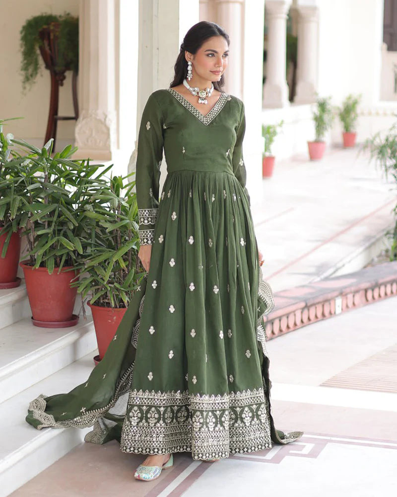 Womenline Olive Green Vichitra Silk Sequence Embroidered Gown
