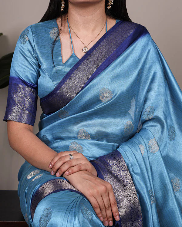 Womenline Sky Blue Color Rumali Silk Zari Weaving Saree