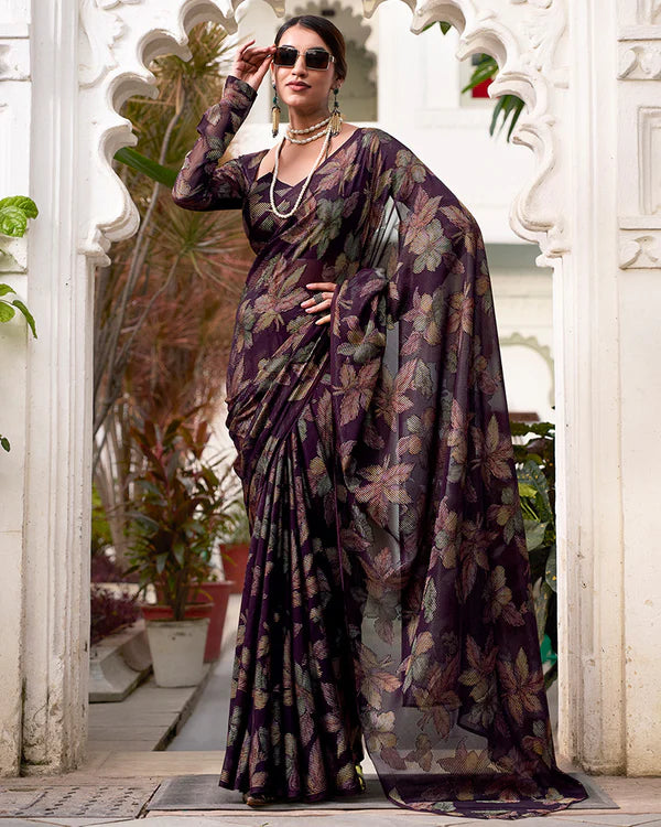 Womenline Wine Color Lurex Brasso Viscose Saree